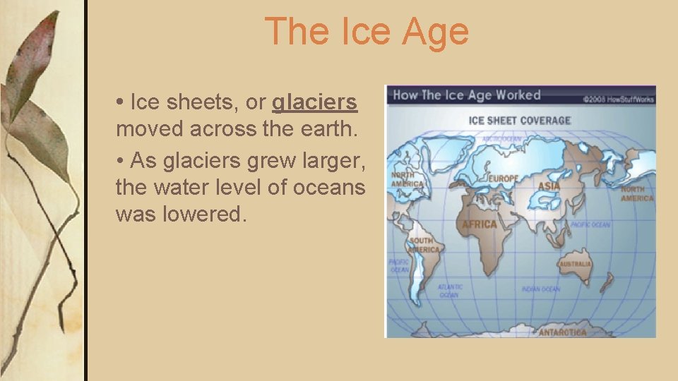 The Ice Age • Ice sheets, or glaciers moved across the earth. • As The Ice Age • Ice sheets, or glaciers moved across the earth. • As