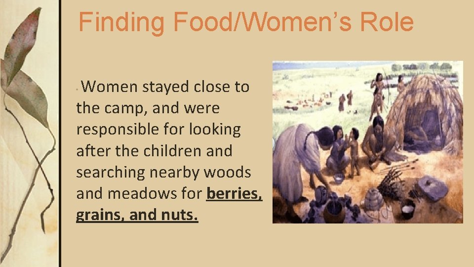Finding Food/Women’s Role Women stayed close to the camp, and were responsible for looking Finding Food/Women’s Role Women stayed close to the camp, and were responsible for looking