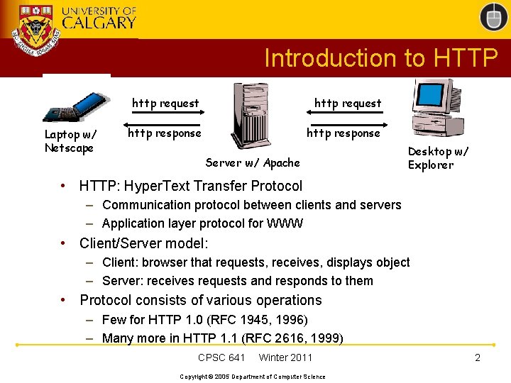 Introduction to HTTP Laptop w/ Netscape http request http response Server w/ Apache Desktop