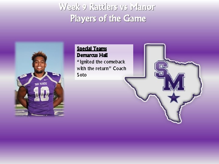 Week 9 Rattlers vs Manor Players of the Game Special Teams Demarcus Hall “Ignited
