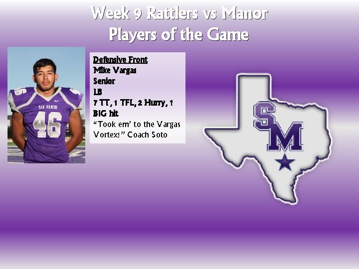Week 9 Rattlers vs Manor Players of the Game Defensive Front Mike Vargas Senior