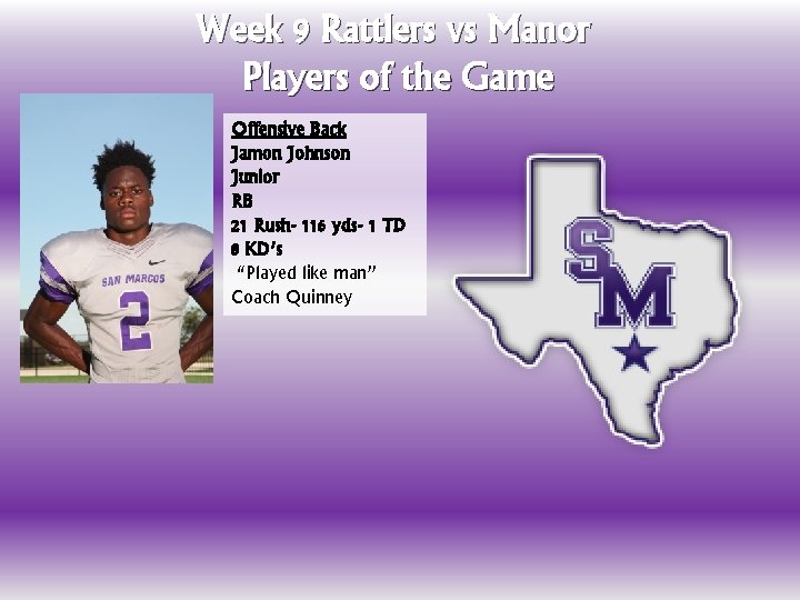 Week 9 Rattlers vs Manor Players of the Game Offensive Back Jamon Johnson Junior