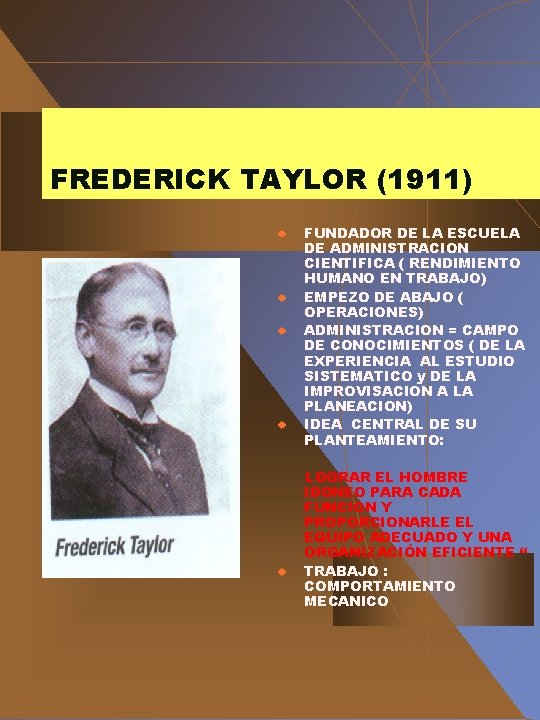 FREDERICK TAYLOR (1911) u u u FUNDADOR DE LA ESCUELA DE ADMINISTRACION CIENTIFICA (