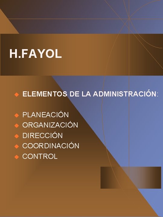 H. FAYOL u ELEMENTOS DE LA ADMINISTRACIÓN: u PLANEACIÓN ORGANIZACIÓN DIRECCIÓN COORDINACIÓN CONTROL u