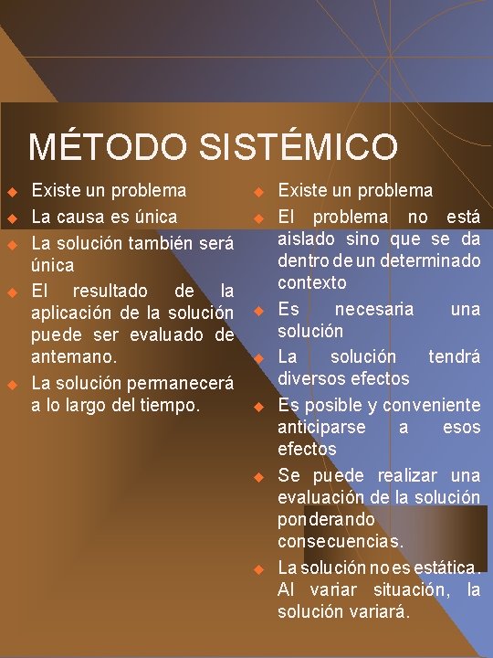 MÉTODO SISTÉMICO u u u Existe un problema La causa es única La solución