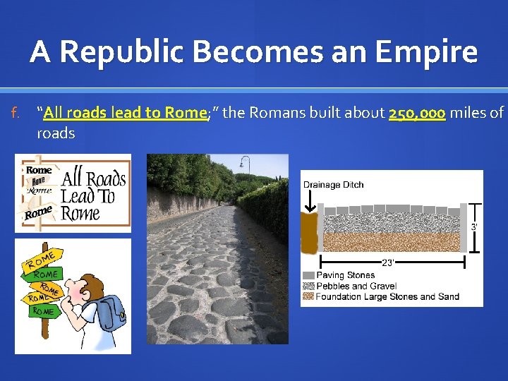 A Republic Becomes an Empire f. “All roads lead to Rome; ” the Romans