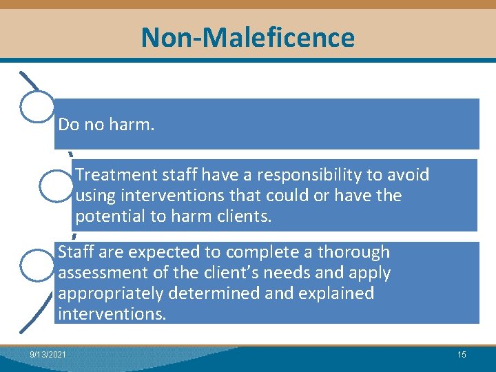 Non-Maleficence Do no harm. Treatment staff have a responsibility to avoid using interventions that