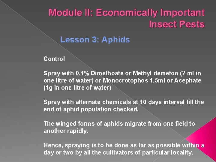 Module II: Economically Important Insect Pests Lesson 3: Aphids Control Spray with 0. 1%
