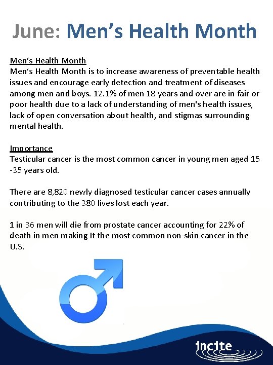 June: Men’s Health Month is to increase awareness of preventable health issues and encourage