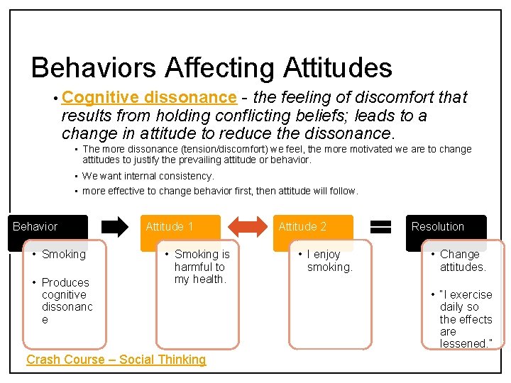 Behaviors Affecting Attitudes • Cognitive dissonance - the feeling of discomfort that results from