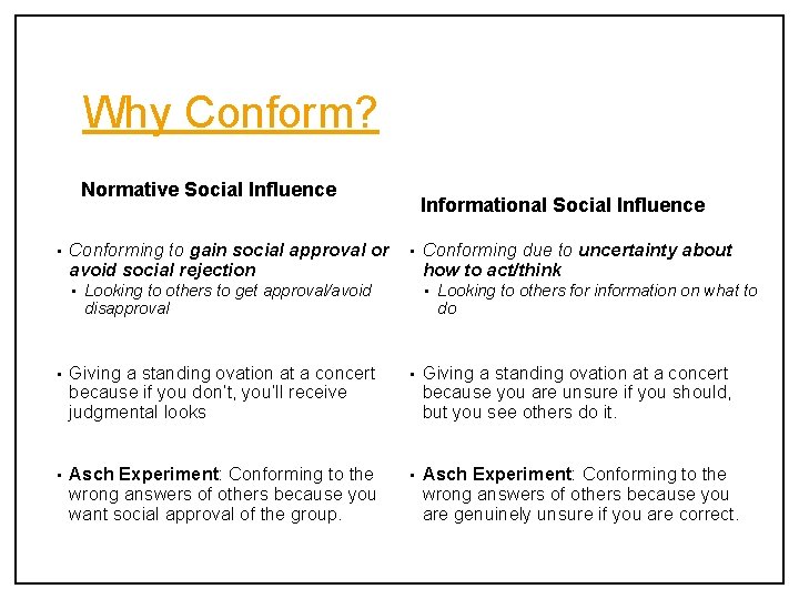 Why Conform? Normative Social Influence • Conforming to gain social approval or avoid social