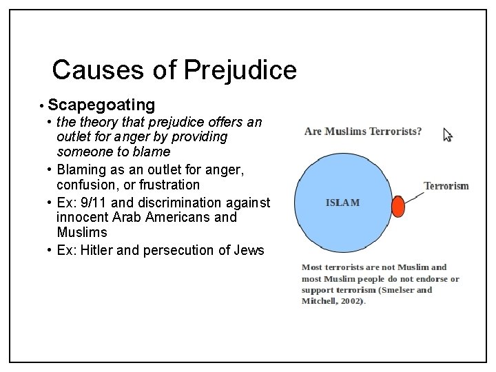 Causes of Prejudice • Scapegoating • theory that prejudice offers an outlet for anger