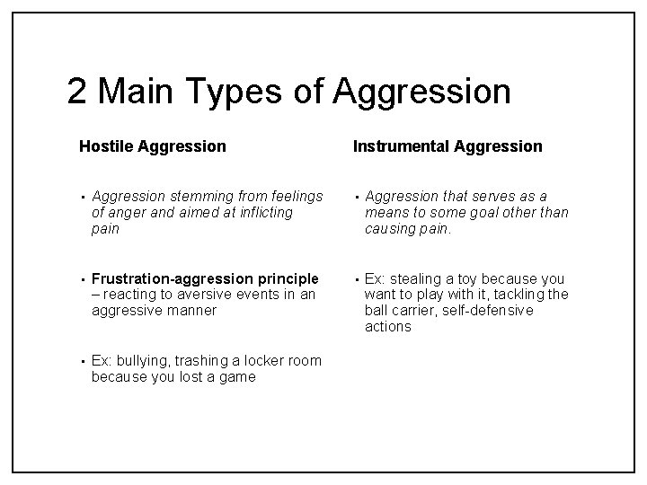 2 Main Types of Aggression Hostile Aggression Instrumental Aggression • Aggression stemming from feelings