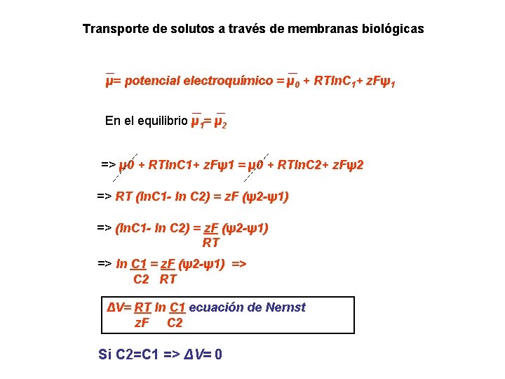 Transporte de solutos a través de membranas biológicas µ= potencial electroquímico = µ 0