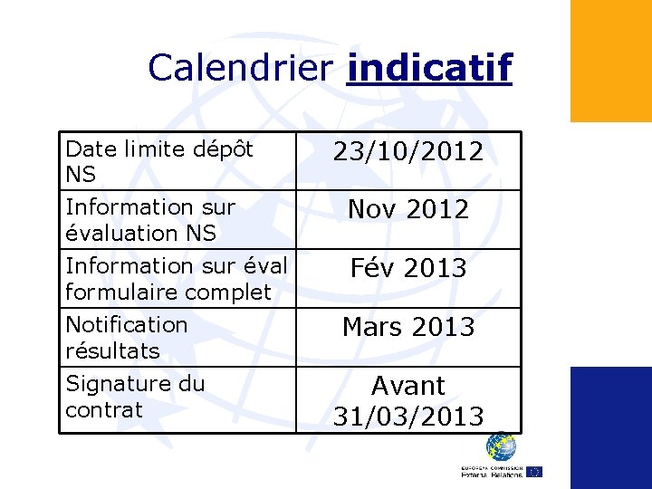 Calendrier indicatif Date limite dépôt NS 23/10/2012 Information sur évaluation NS Information sur éval