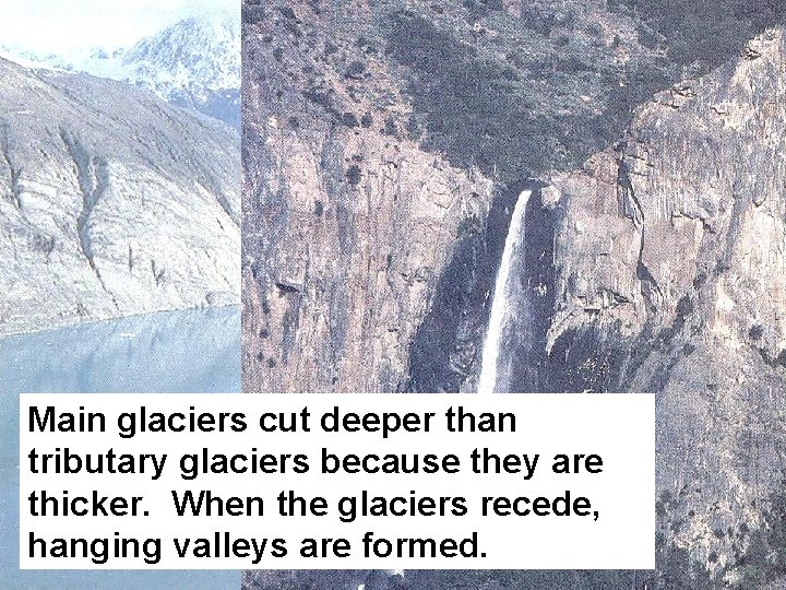 Main glaciers cut deeper than tributary glaciers because they are thicker. When the glaciers Main glaciers cut deeper than tributary glaciers because they are thicker. When the glaciers