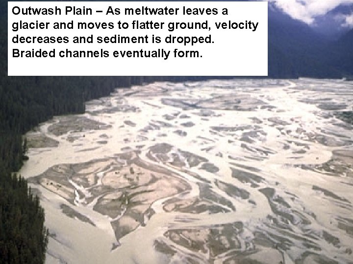 Outwash Plain – As meltwater leaves a glacier and moves to flatter ground, velocity