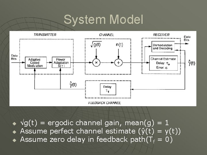 System Model u u u √g(t) = ergodic channel gain, mean(g) = 1 Assume