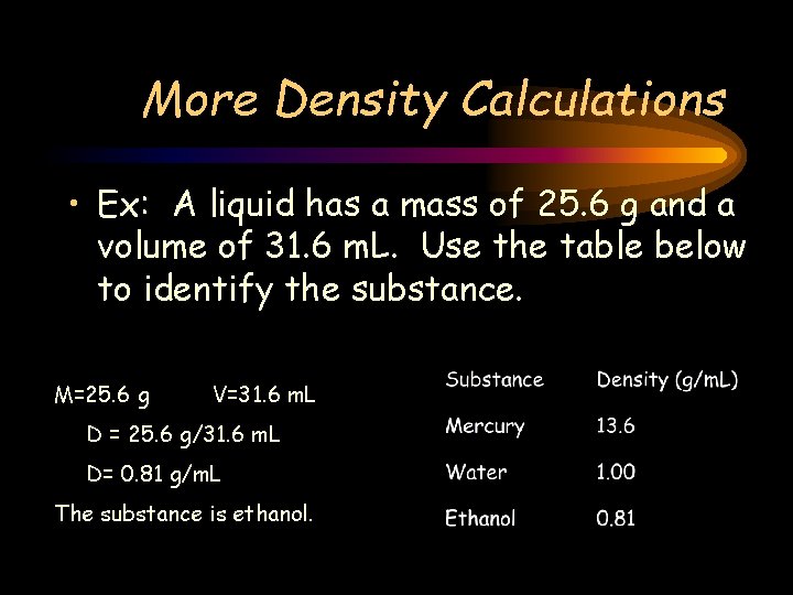 More Density Calculations • Ex: A liquid has a mass of 25. 6 g
