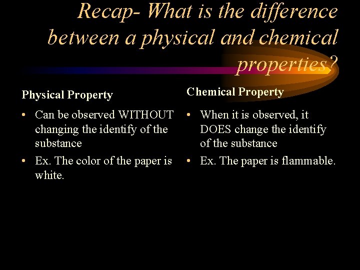 Recap- What is the difference between a physical and chemical properties? Physical Property Chemical