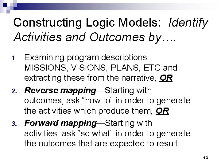 Constructing Logic Models: Identify Activities and Outcomes by…. 1. 2. 3. Examining program descriptions,