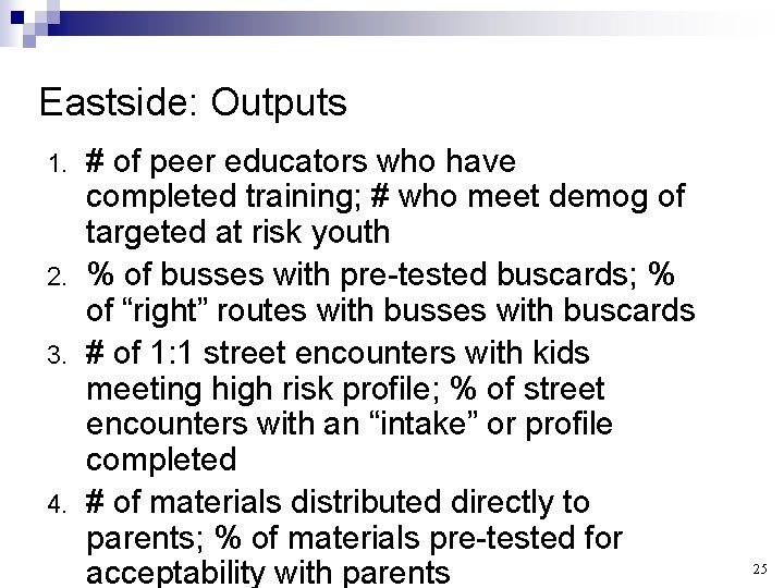 Eastside: Outputs 1. 2. 3. 4. # of peer educators who have completed training;