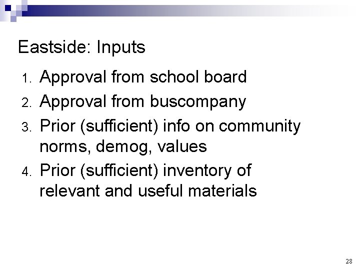 Eastside: Inputs 1. 2. 3. 4. Approval from school board Approval from buscompany Prior