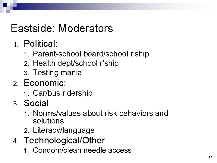 Eastside: Moderators 1. Political: 1. 2. 3. 2. Economic: 1. 3. Parent-school board/school r’ship