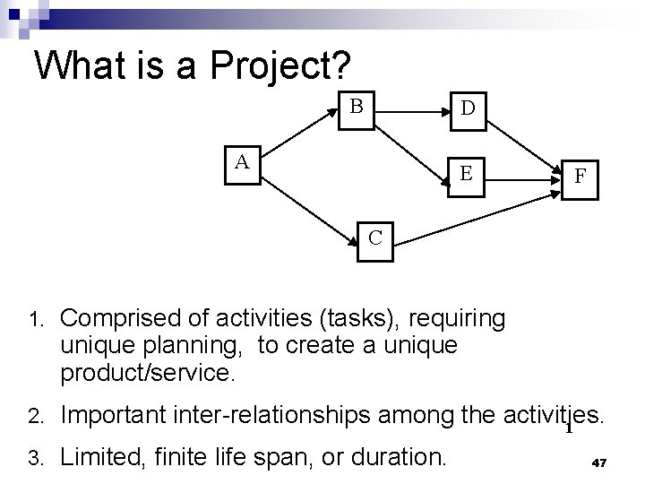 What is a Project? B D A E F C 1. Comprised of activities