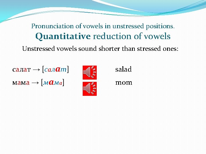 Pronunciation of vowels in unstressed positions. Quantitative reduction of vowels Unstressed vowels sound shorter