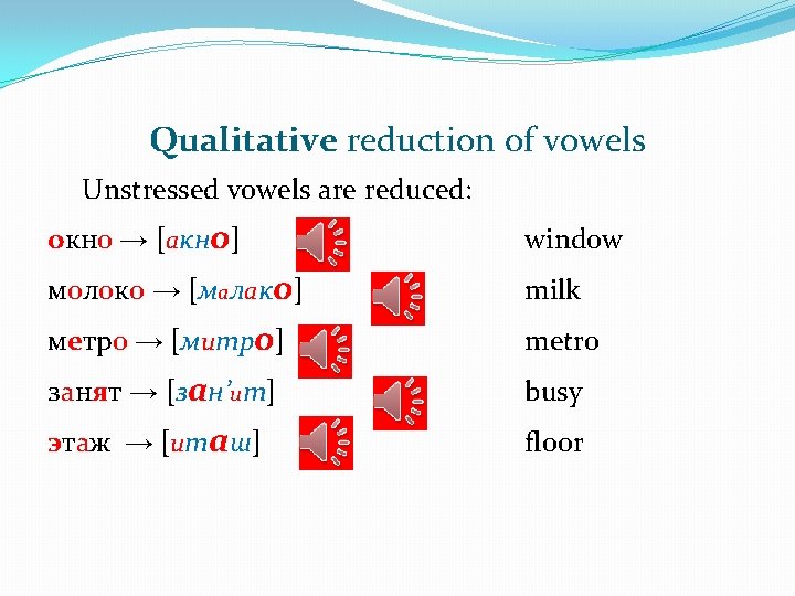 Qualitative reduction of vowels Unstressed vowels are reduced: окно → [акно] window молоко →