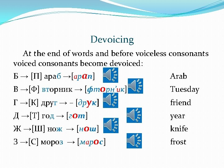 Devoicing At the end of words and before voiceless consonants voiced consonants become devoiced: