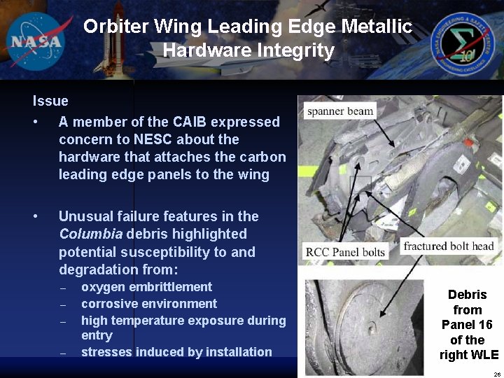 Orbiter Wing Leading Edge Metallic Hardware Integrity Issue • A member of the CAIB