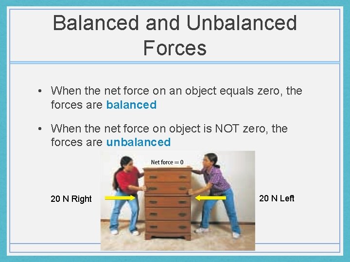 Balanced and Unbalanced Forces • When the net force on an object equals zero,