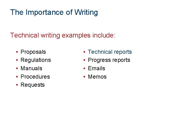 The Importance of Writing Technical writing examples include: • • • Proposals Regulations Manuals