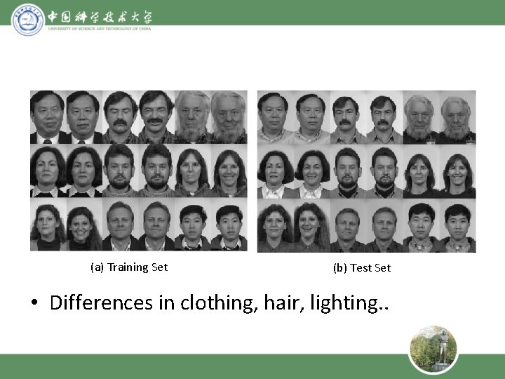 (a) Training Set (b) Test Set • Differences in clothing, hair, lighting. . 