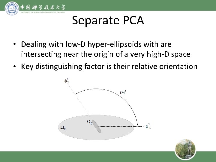 Separate PCA • Dealing with low-D hyper-ellipsoids with are intersecting near the origin of