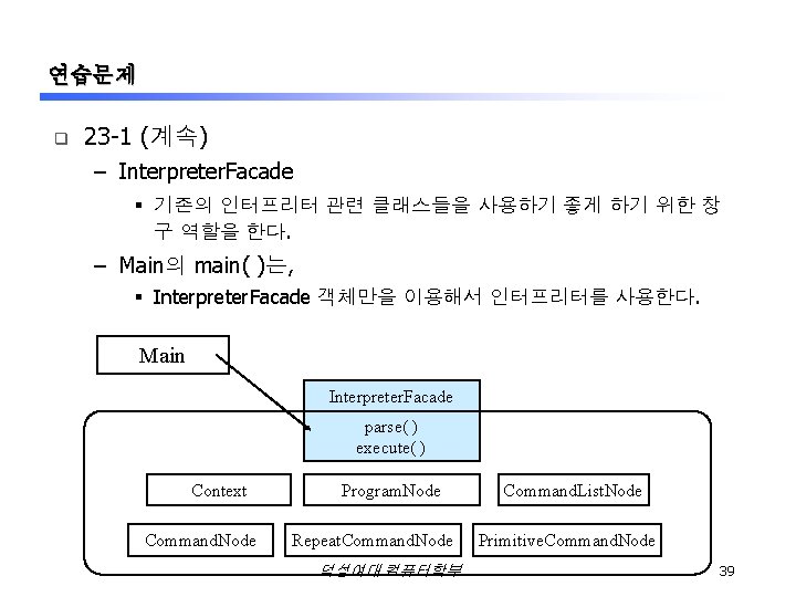 연습문제 q 23 -1 (계속) – Interpreter. Facade § 기존의 인터프리터 관련 클래스들을 사용하기