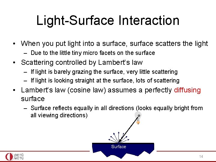 Light-Surface Interaction • When you put light into a surface, surface scatters the light