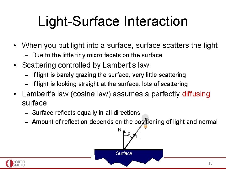 Light-Surface Interaction • When you put light into a surface, surface scatters the light