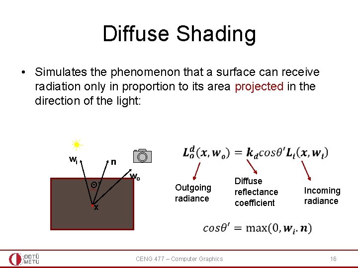 Diffuse Shading • Simulates the phenomenon that a surface can receive radiation only in