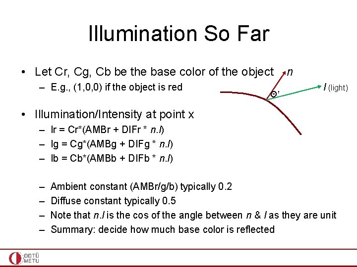 Illumination So Far • Let Cr, Cg, Cb be the base color of the