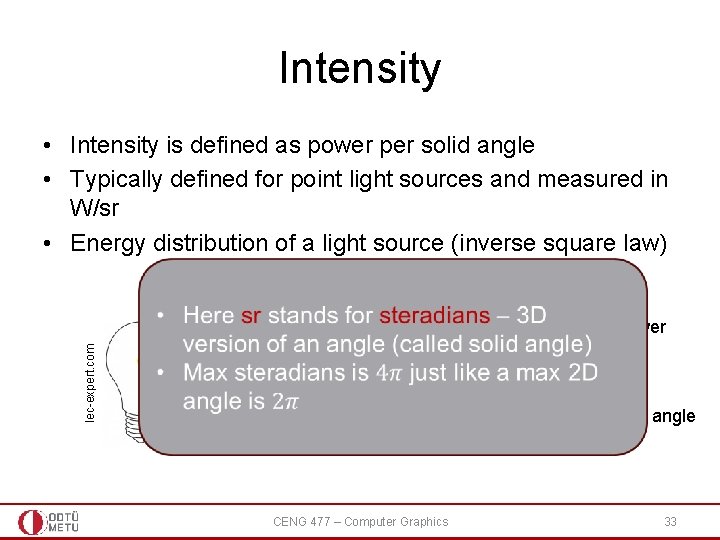 Intensity • Intensity is defined as power per solid angle • Typically defined for