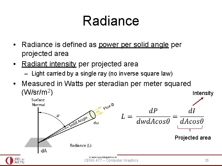 Radiance • Radiance is defined as power per solid angle per projected area •