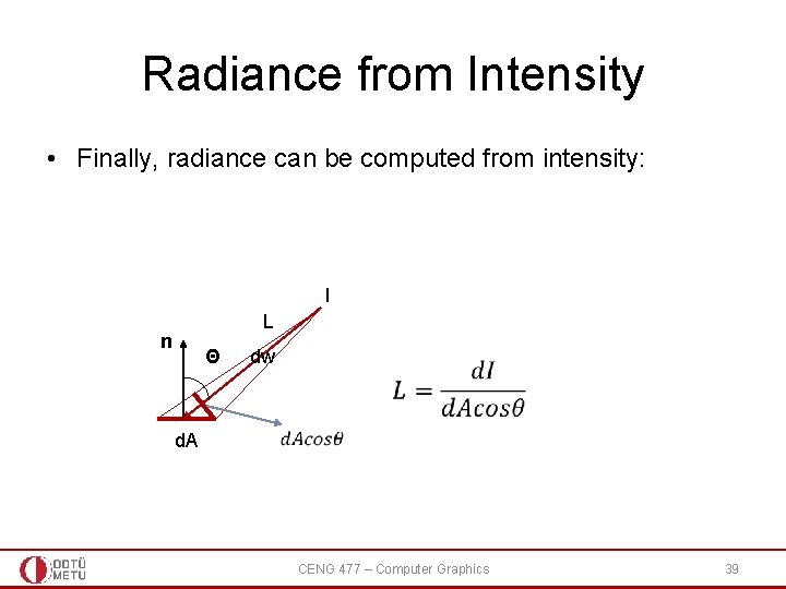 Radiance from Intensity • Finally, radiance can be computed from intensity: I L n