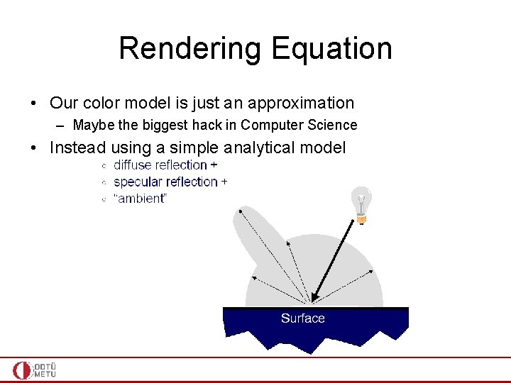 Rendering Equation • Our color model is just an approximation – Maybe the biggest