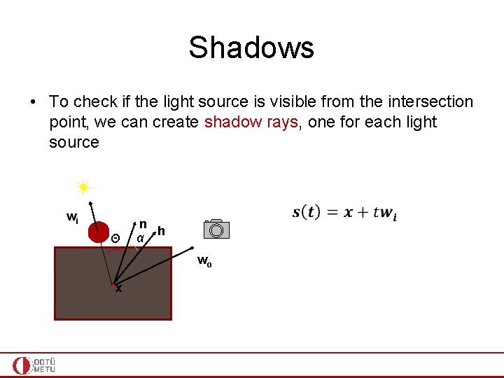 Shadows • To check if the light source is visible from the intersection point,