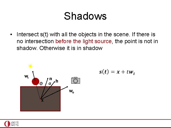 Shadows • Intersect s(t) with all the objects in the scene. If there is