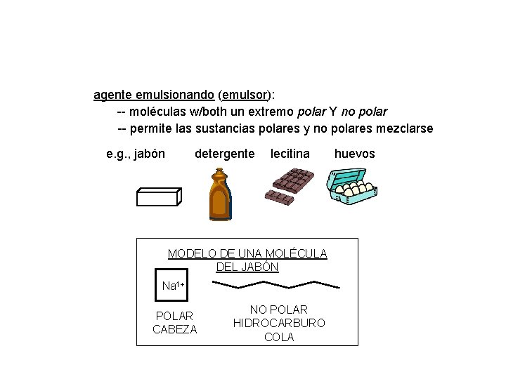 agente emulsionando (emulsor): -- moléculas w/both un extremo polar Y no polar -- permite
