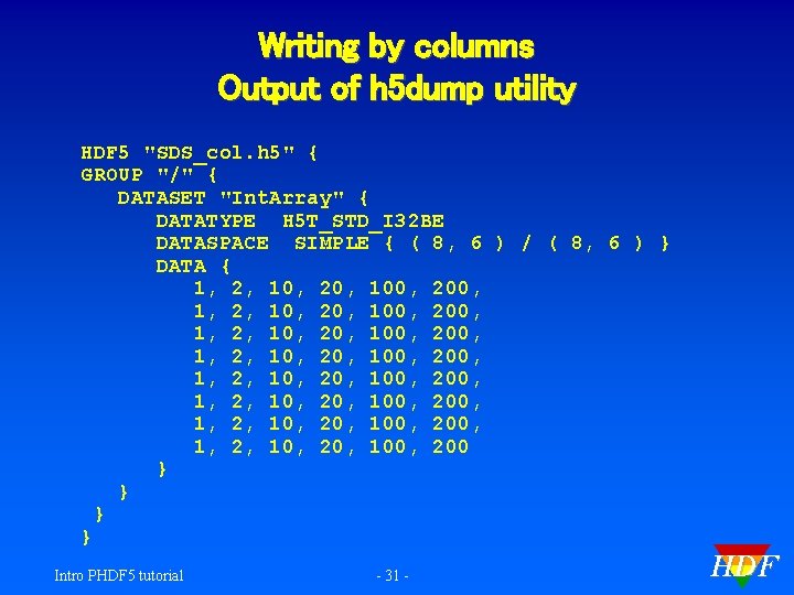 Writing by columns Output of h 5 dump utility HDF 5 "SDS_col. h 5"
